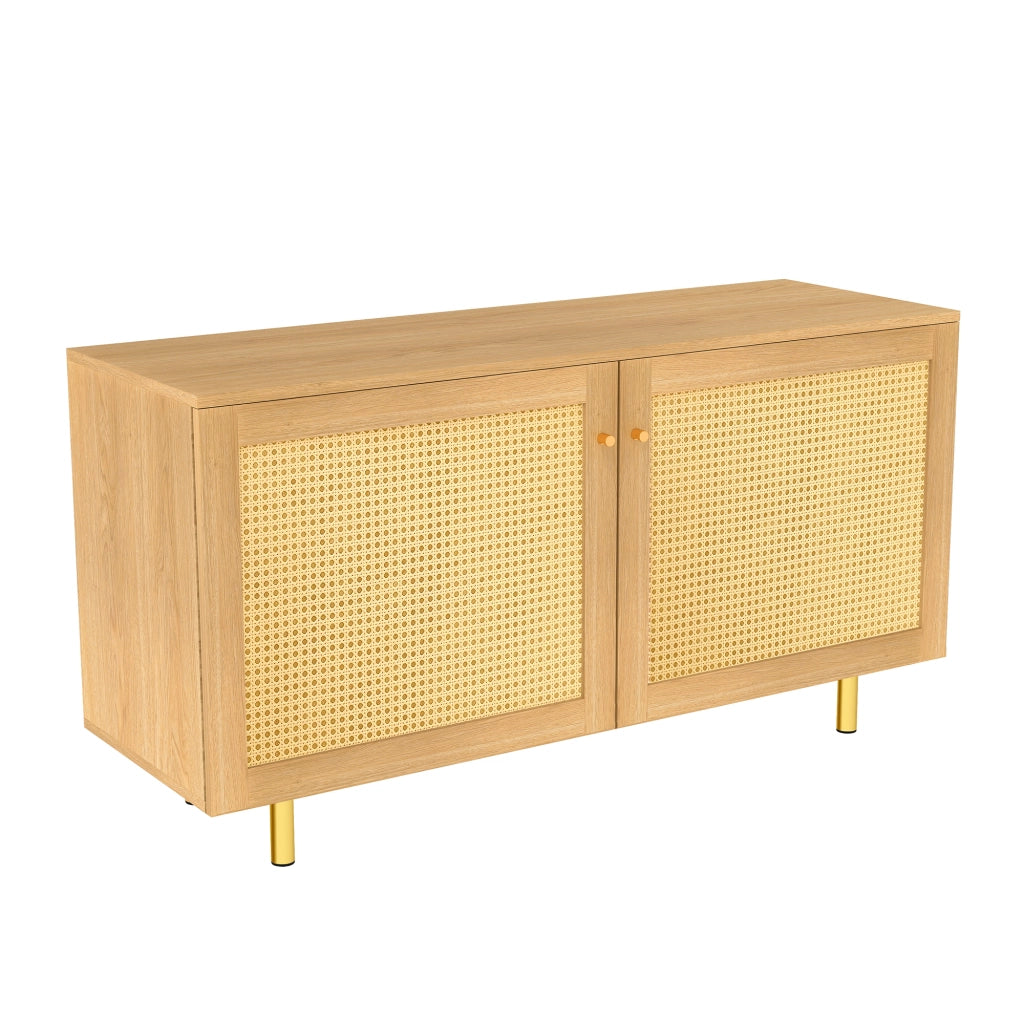 Mobile contenitore a 2 ante con ante in rattan intrecciato, struttura in MDF e piedini in metallo, finitura naturale 120×40×63 cm