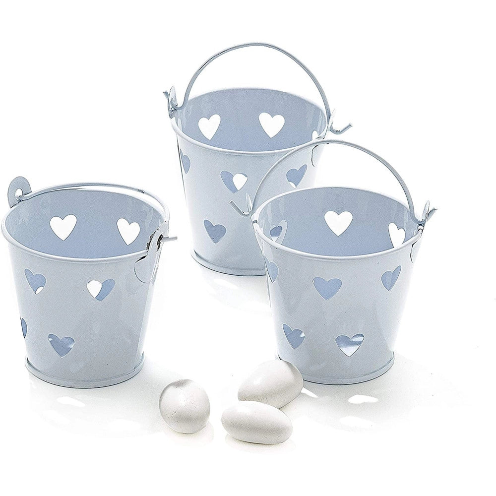 Trade Shop - 24 X Secchielli Bianchi Con Cuori In Latta Verniciata Portaconfetti Bomboniera -