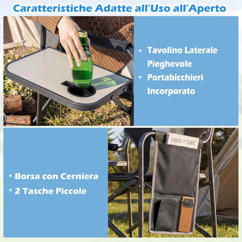 Sedia da Campeggio Pieghevole, Sedia da Regista con Tavolino Laterale, Portabicchieri e Tasca Portaoggetti, Portata 180 kg, Poltrona da Esterno per Spiaggia, Pesca e Picnic (Nero)
