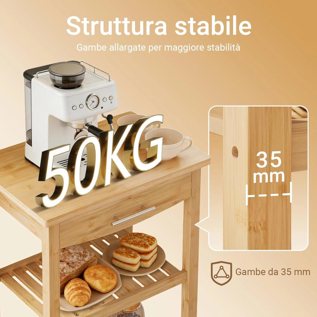 Carrello da Cucina in Bambù Carbonizzato – Carrello Cucina in Legno con Ruote, Antibatterico, Resistente all’Umidità, Inodore, Ideale per Cucina, Sala da Pranzo e Casa 58×40×86 cm FKW135-N
