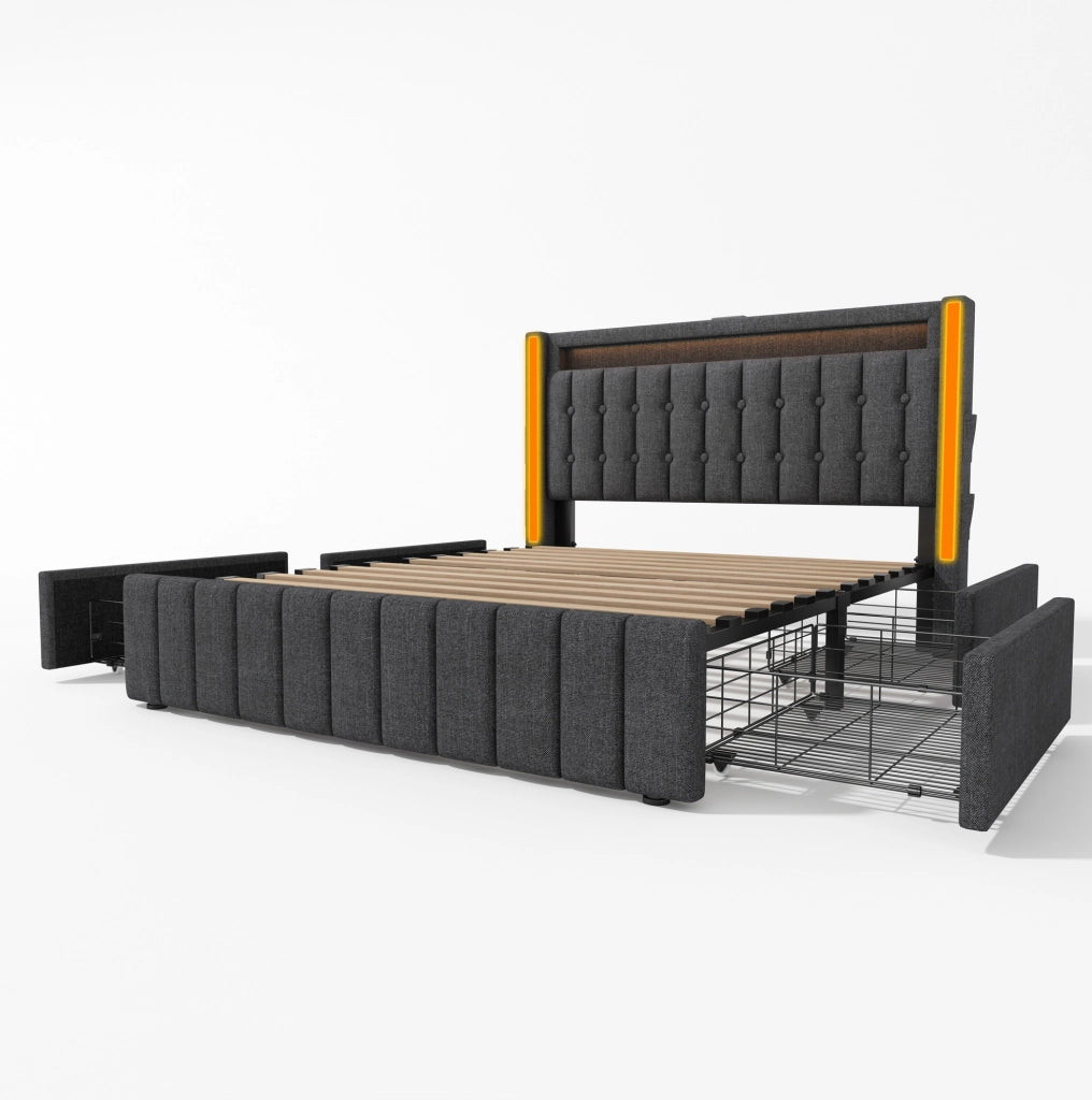 Letto imbottito ULEVR 160x200 cm con 4 cassetti, LED e ricarica USB/Type-C, grigio