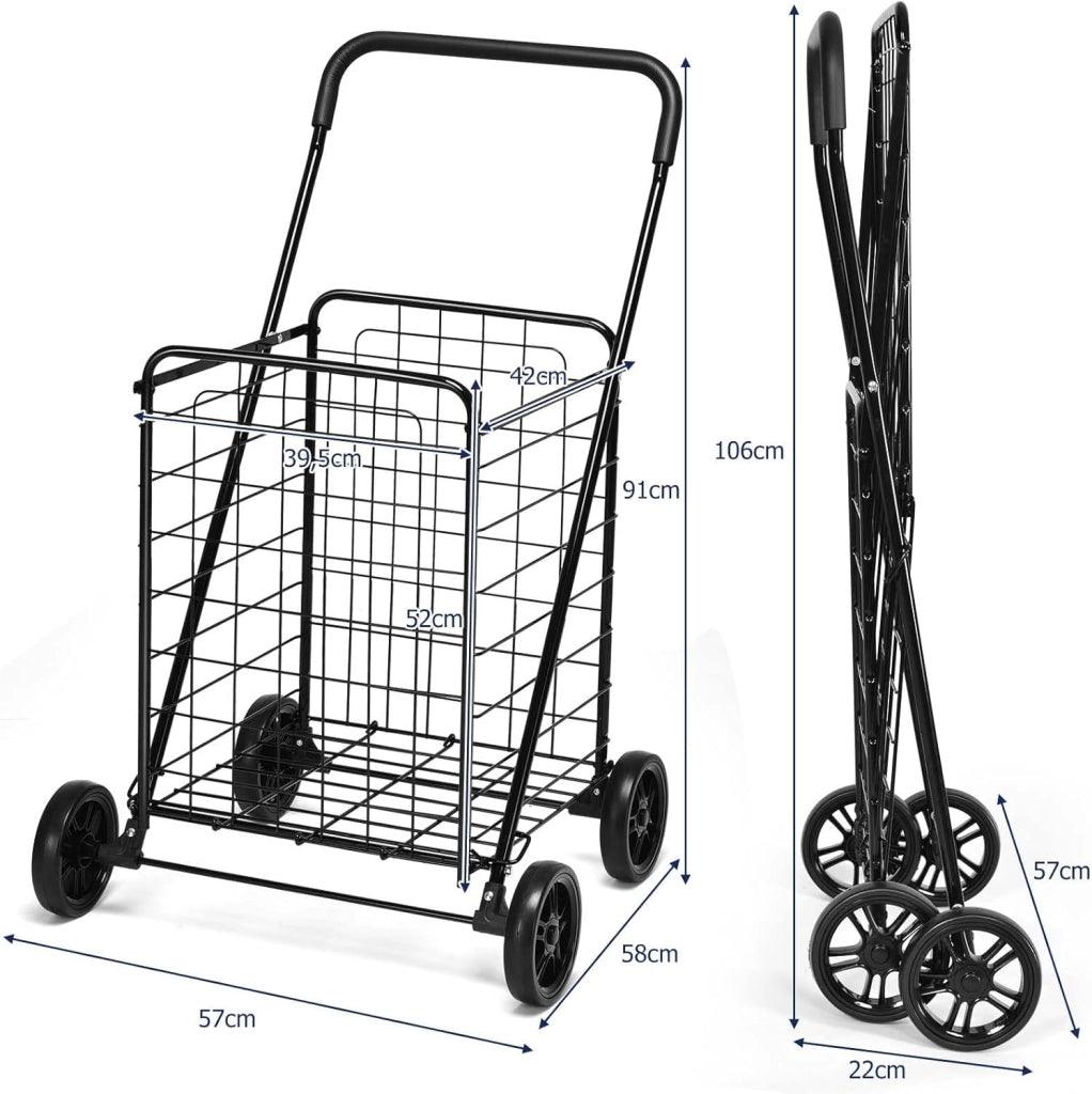 Carrello Portaspesa Pieghevole, Carrello Spesa con Ruote, Capacità di Carico: 45 kg, 83L, 57 x 58 x 91 cm (Nero)