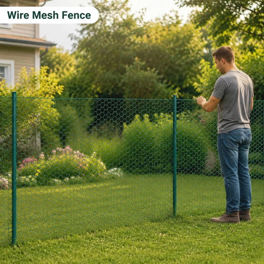 Wire Mesh Fence With Posts, Steel, 25 X 0.75 M, Green