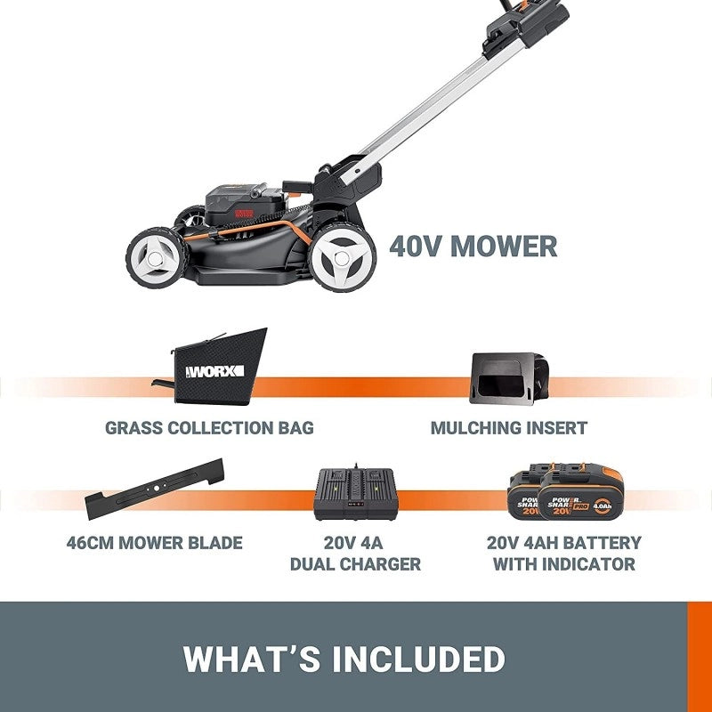 Rasaerba Semovente a Batteria 40V WG749E Nitro Brushless 2.0 Taglio 46 cm 2 in 1 per Giardini fino a 500 m² - Worx