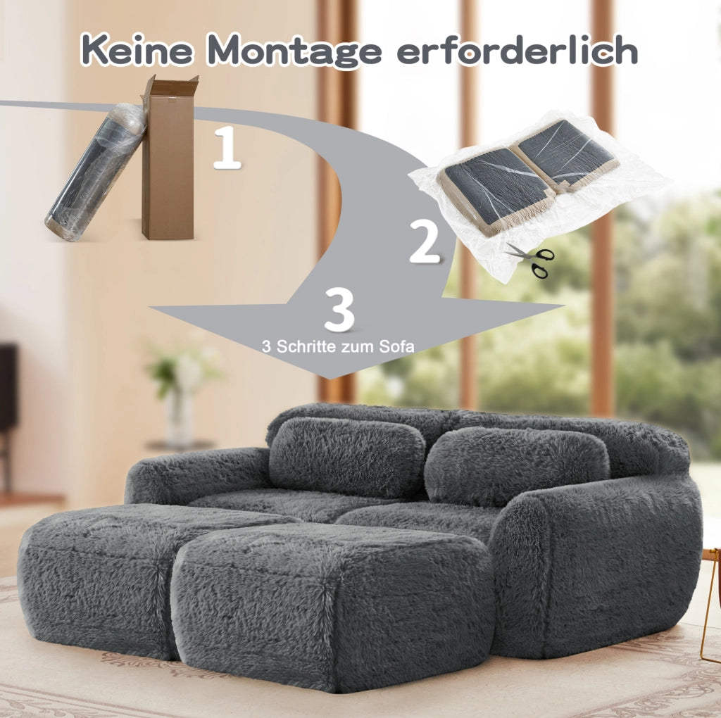 Divano modulare senza montaggio in tessuto plush grigio 204x179x73 cm con seduta ampia