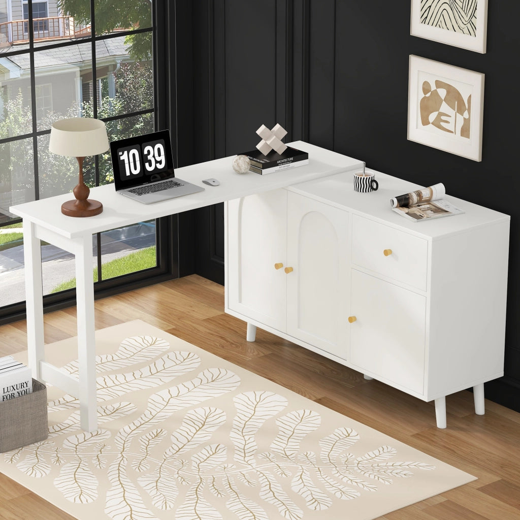 Scrivania girevole 360° con 3 ante e 1 cassetto funzione 2 in 1 per soggiorno e ufficio domestico in truciolare bianco