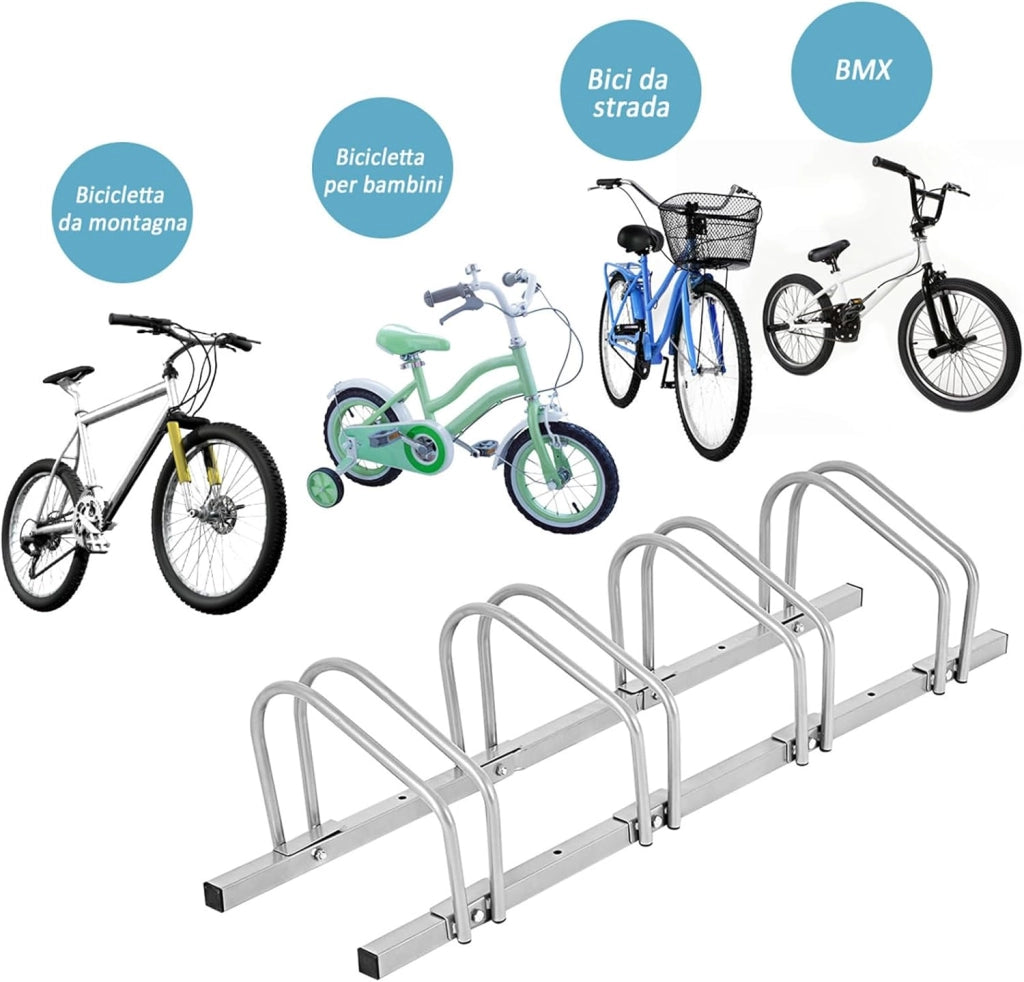 Rastrelliera per Biciclette, Portabiciclette Parcheggio Organizzatore per 4/5/6 Bici, Parcheggio per Biciclette, Telaio d'Acciaio (Argento, 4 Bici)