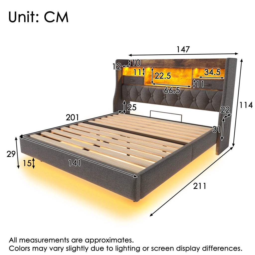 Letto matrimoniale 140x200 cm con LED, USB e vano contenitore