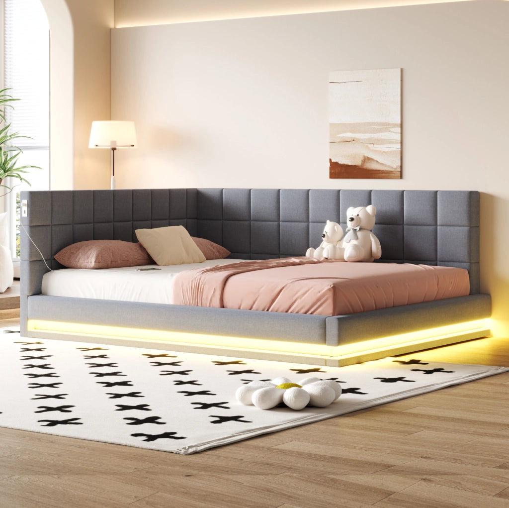 Divano letto 160x200 cm con LED e USB in lino grigio