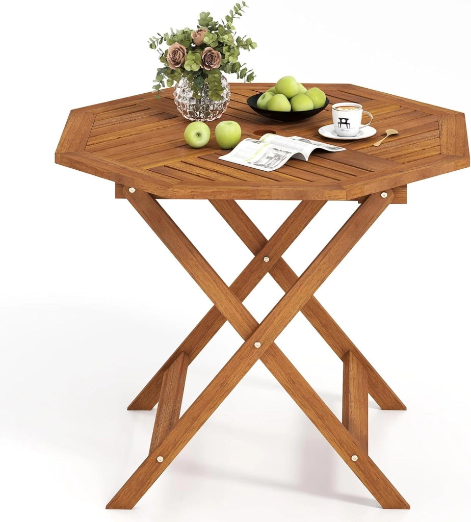Tavolino da Giardino con Foro per Ombrellone da 5 cm, Tavolino da Caffè in Legno Massello con Struttura a Forma di X Robusta per Patio, Cortile e Bordo Piscina, 90 x 90 x 72 cm