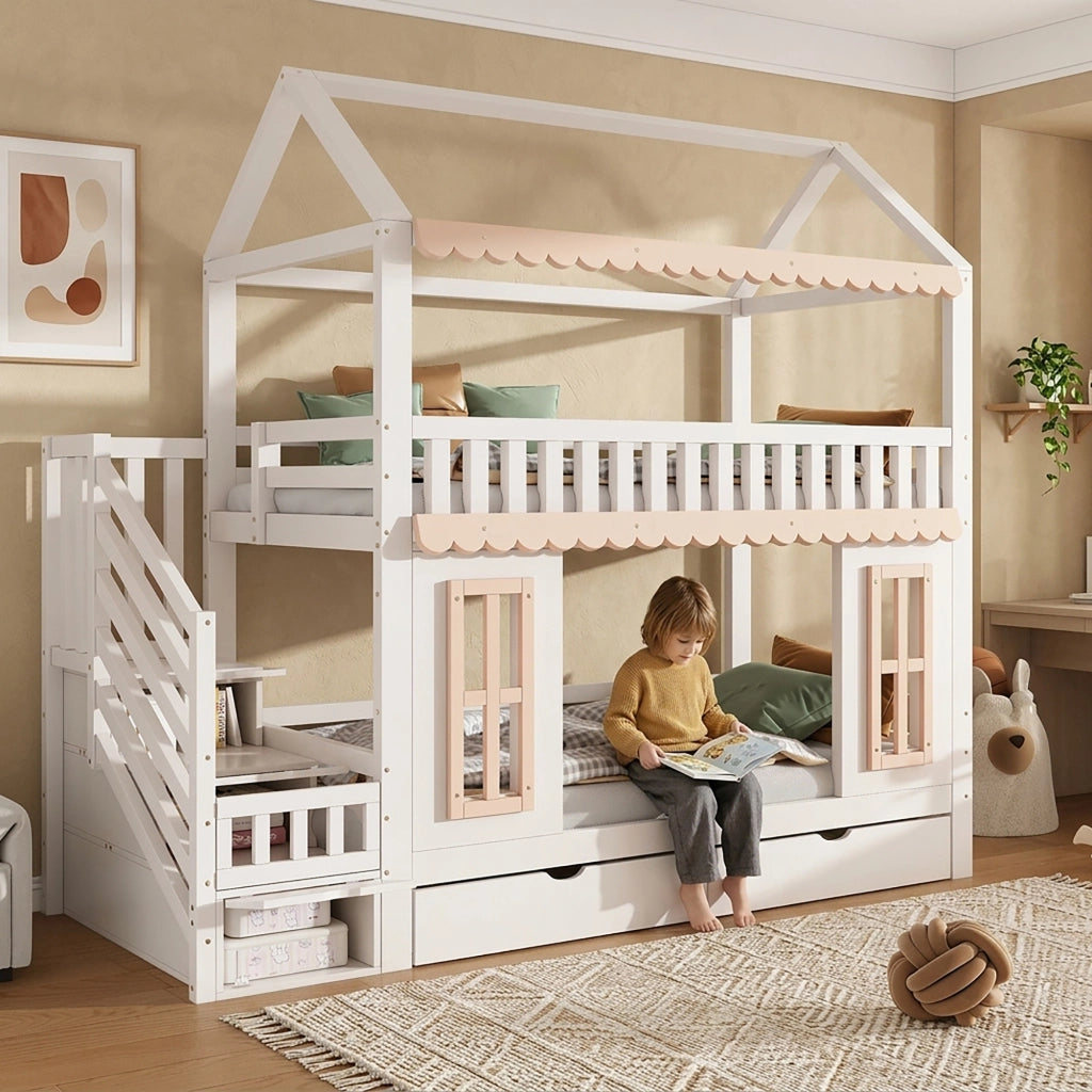 Letto a Castello 90 x 200 cm - Scala con Contenitore e 2 Cassetti - in Legno - Bianco e Naturale