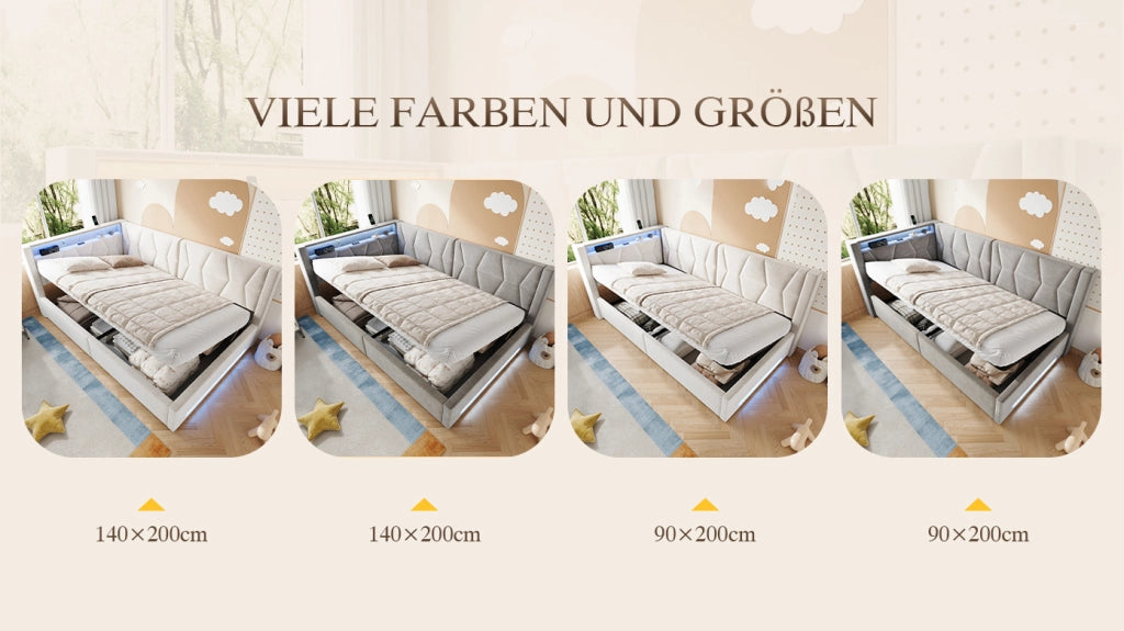 Letto imbottito 90x200 cm con contenitore, LED, USB e Type-C, velluto beige