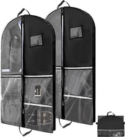 Set di 2 sacchi di abbigliamento neri, borsa di abbigliamento pieghevole, valigetta con 5 tasche, maniglie e cerniere per giacche, abiti da sera e magazzino di viaggio (100 x 60 cm)