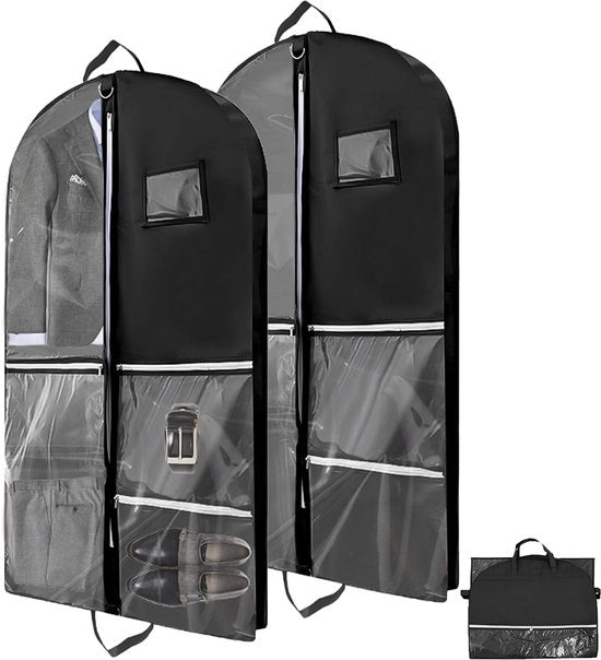 Set di 2 sacchi di abbigliamento neri, borsa di abbigliamento pieghevole, valigetta con 5 tasche, maniglie e cerniere per giacche, abiti da sera e magazzino di viaggio (100 x 60 cm)