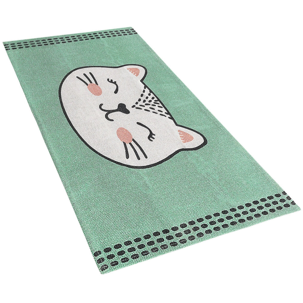 Tappeto in tessuto di cotone con stampa gatto verde 60 x 90 cm piccola decorazione per bambini della scuola materna