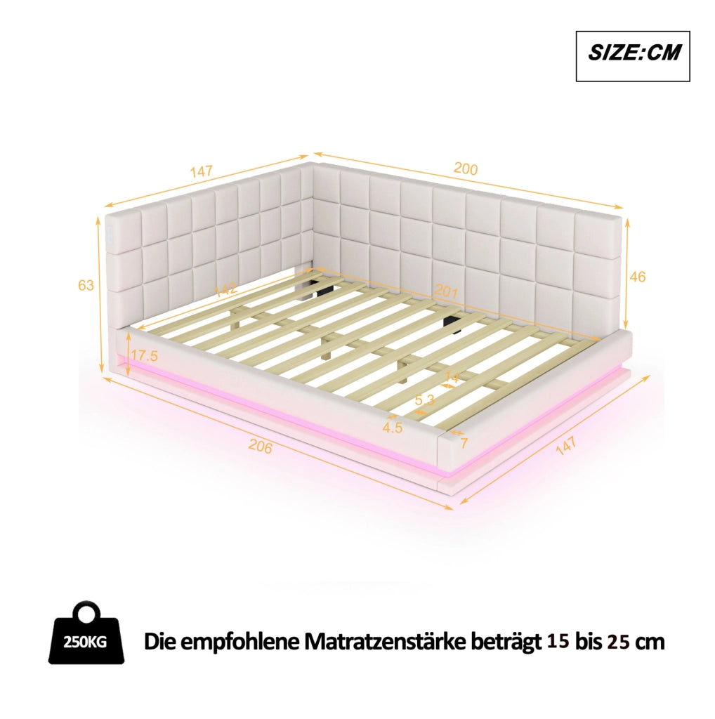 Letto imbottito multifunzione con LED, USB e rete a doghe