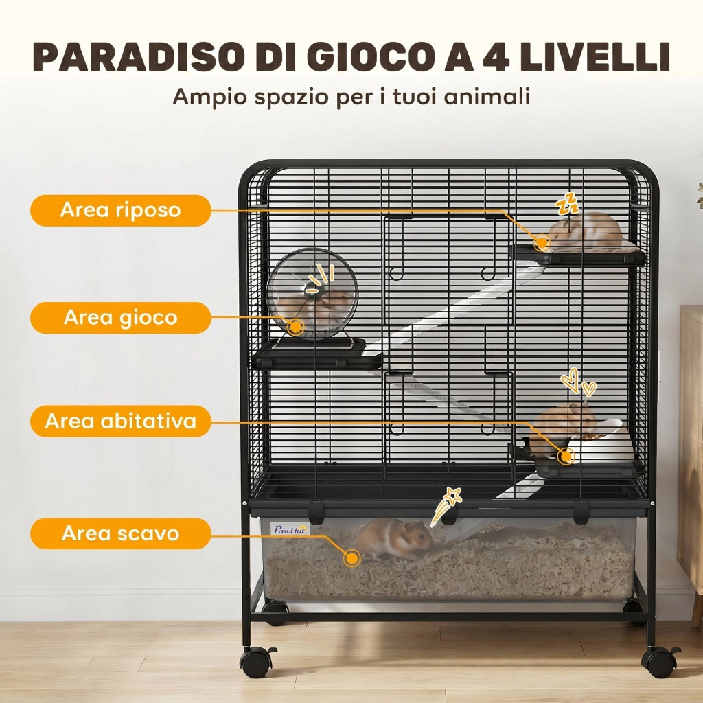 Gabbia per Conigli in Acciaio a 4 Livelli con Piattaforme. Rampe. Ruote. Serbatoio Acqua e Vassoio Rimovibile. Nero