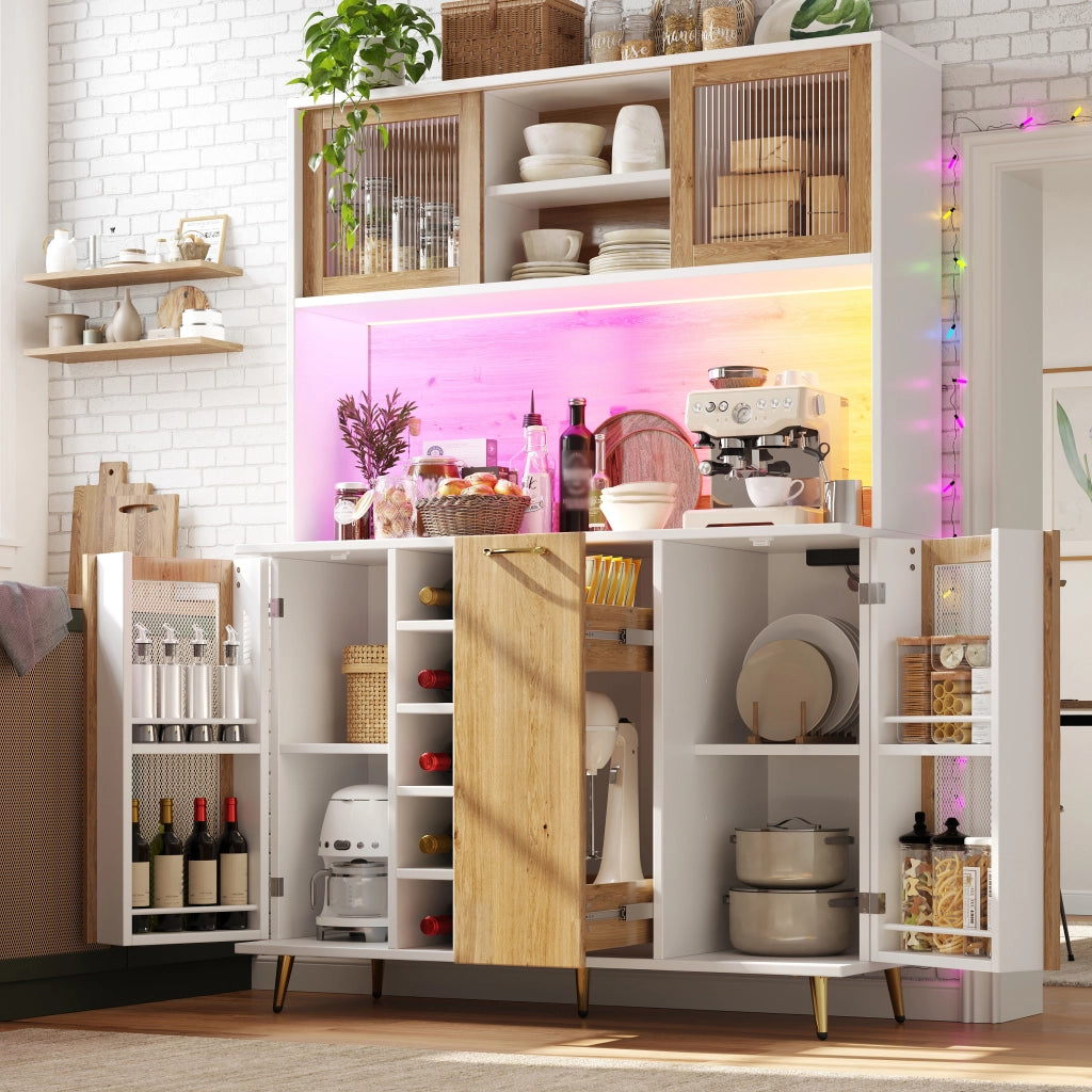 BUFFET 120x40x180 cm in MDF Bianco effetto legno con LED e presa integrata