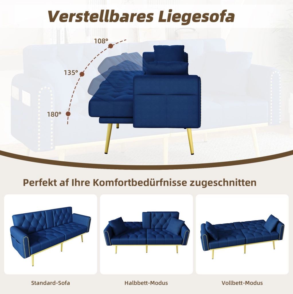 Divano letto 2 posti in velluto blu con schienale reclinabile
