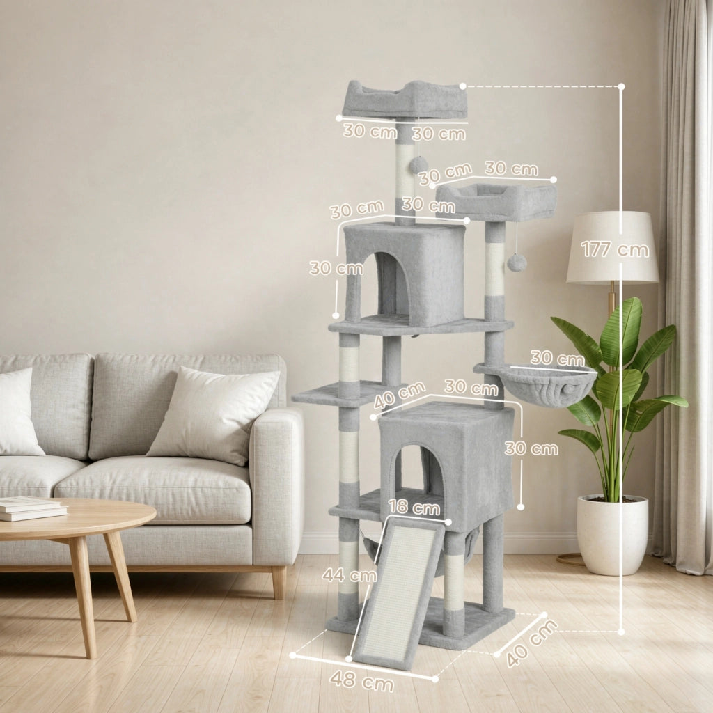 Torre gioco per gatti con 3 piattaforme, 2 nicchie, 2 cucce, 2 amache, 1 gradino, altezza totale 177 cm