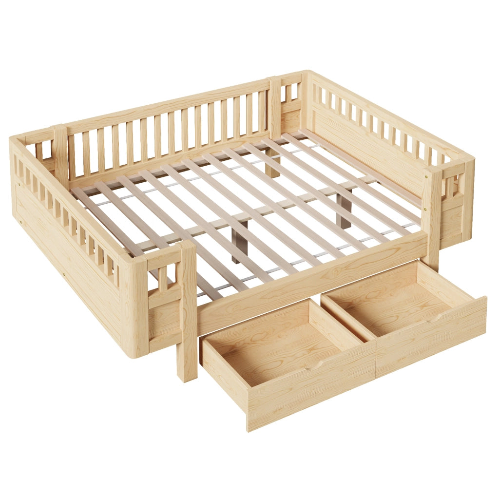Letto a piattaforma 140x200 cm con sponde alte e due ampi cassetti, colore legno
