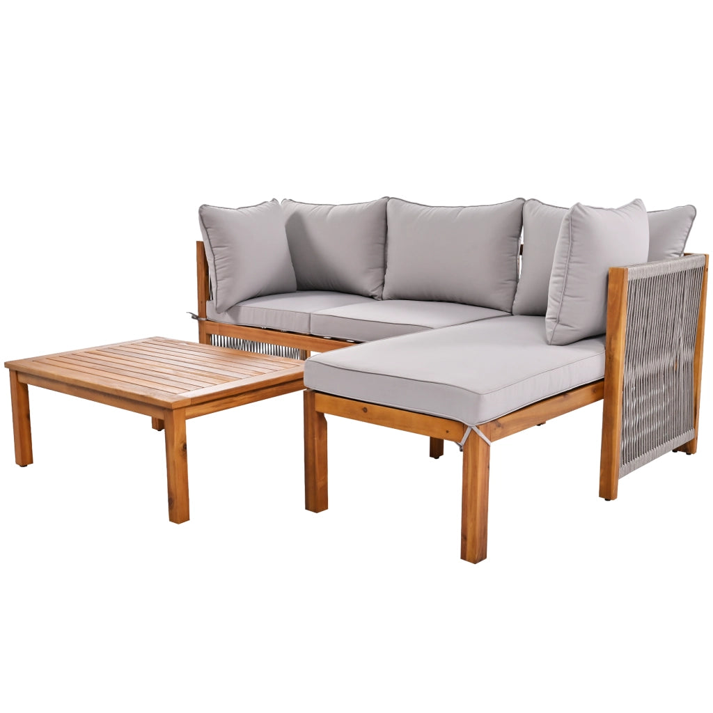 Set Divano da Giardino 3 Pezzi con Tavolo ¨C MINIMAL ¨C Polyrattan e Acacia, Grigio