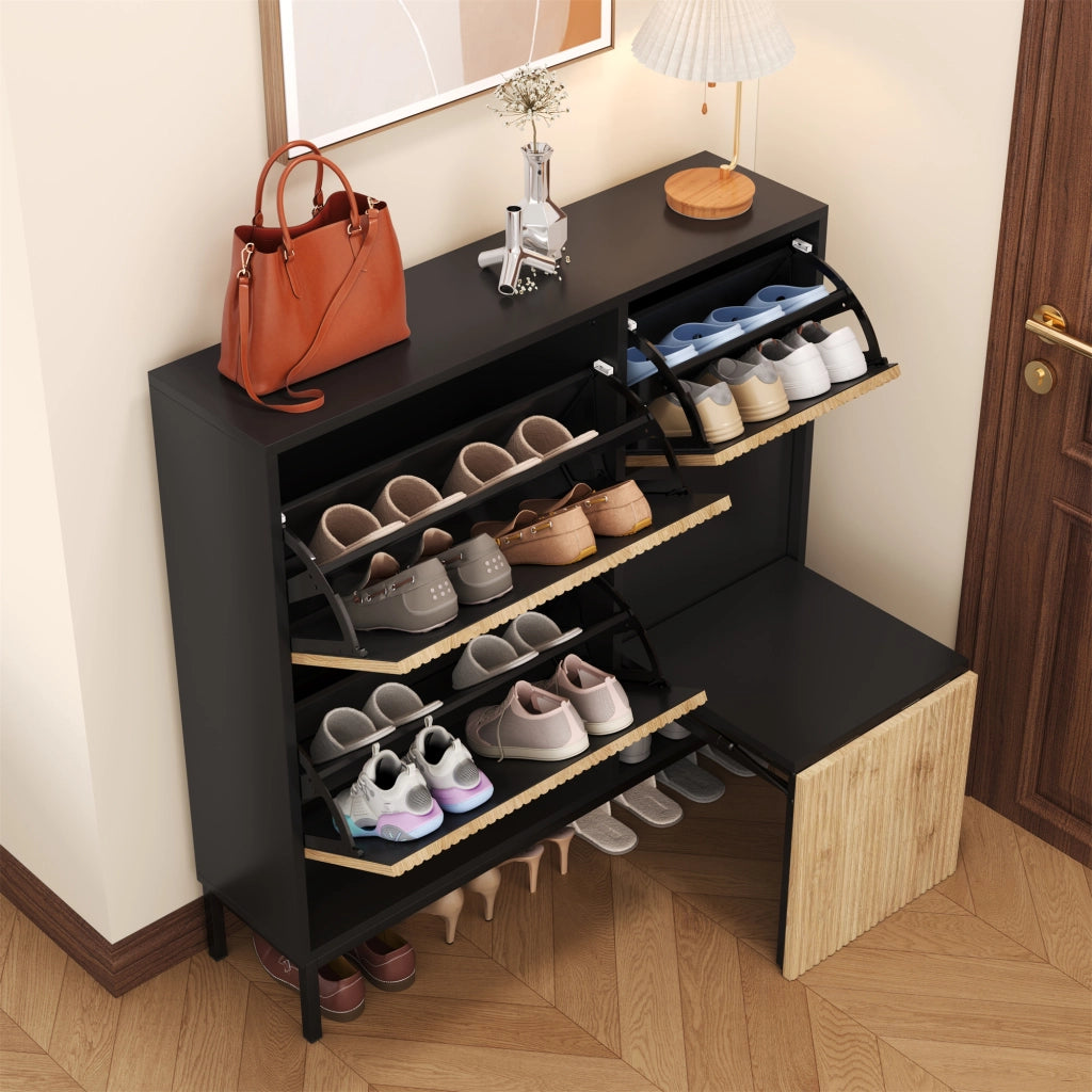 Scarpiera con 3 Ante a Ribalta e Panca Estraibile; Vano a Giorno; Stile Moderno; in MDF; Nero e Naturale; 100×25×100 cm