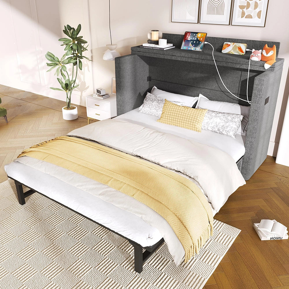 Letto contenitore 140x200 cm - Xylo - con cassetto, porte USB e Type-C, tessuto lino grigio, senza materasso