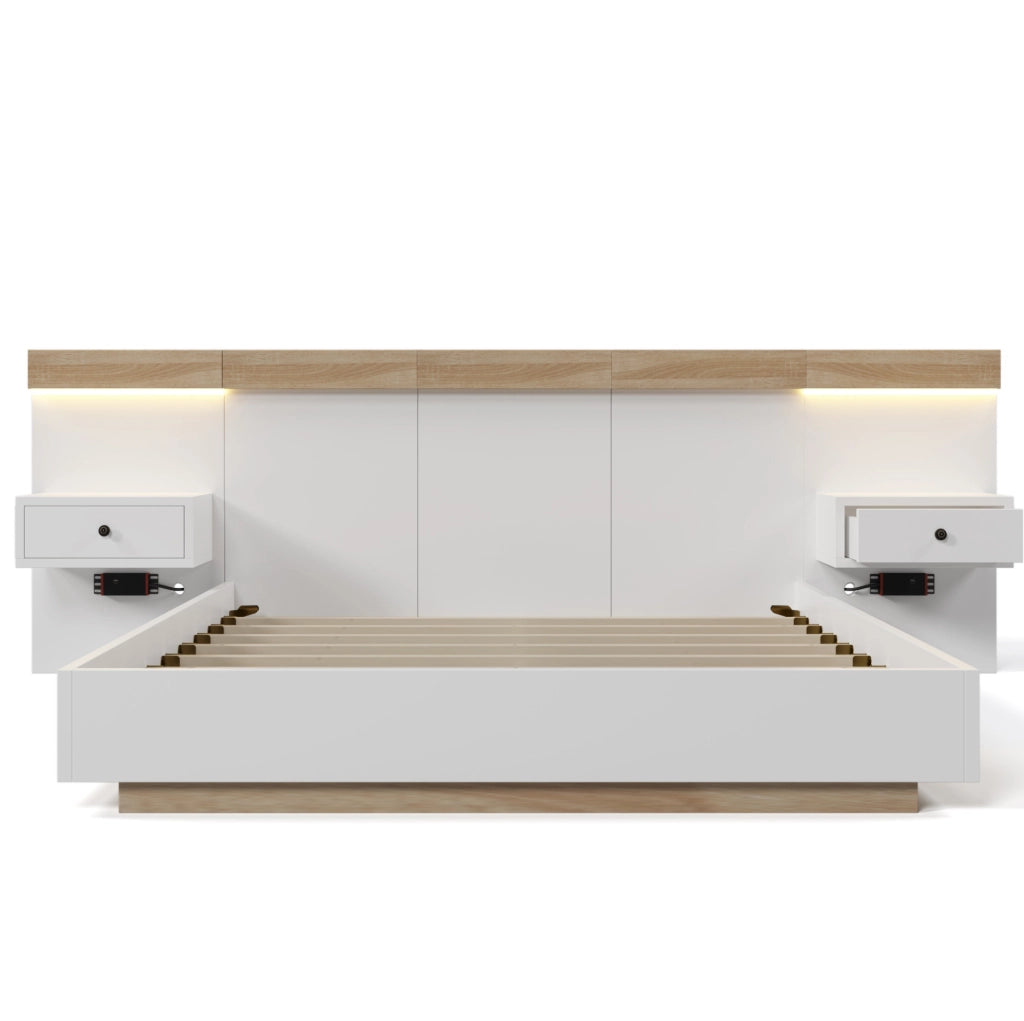 Letto matrimoniale 160x200 cm con comodini LED; USB C e presa EU; legno bianco e quercia Sonoma