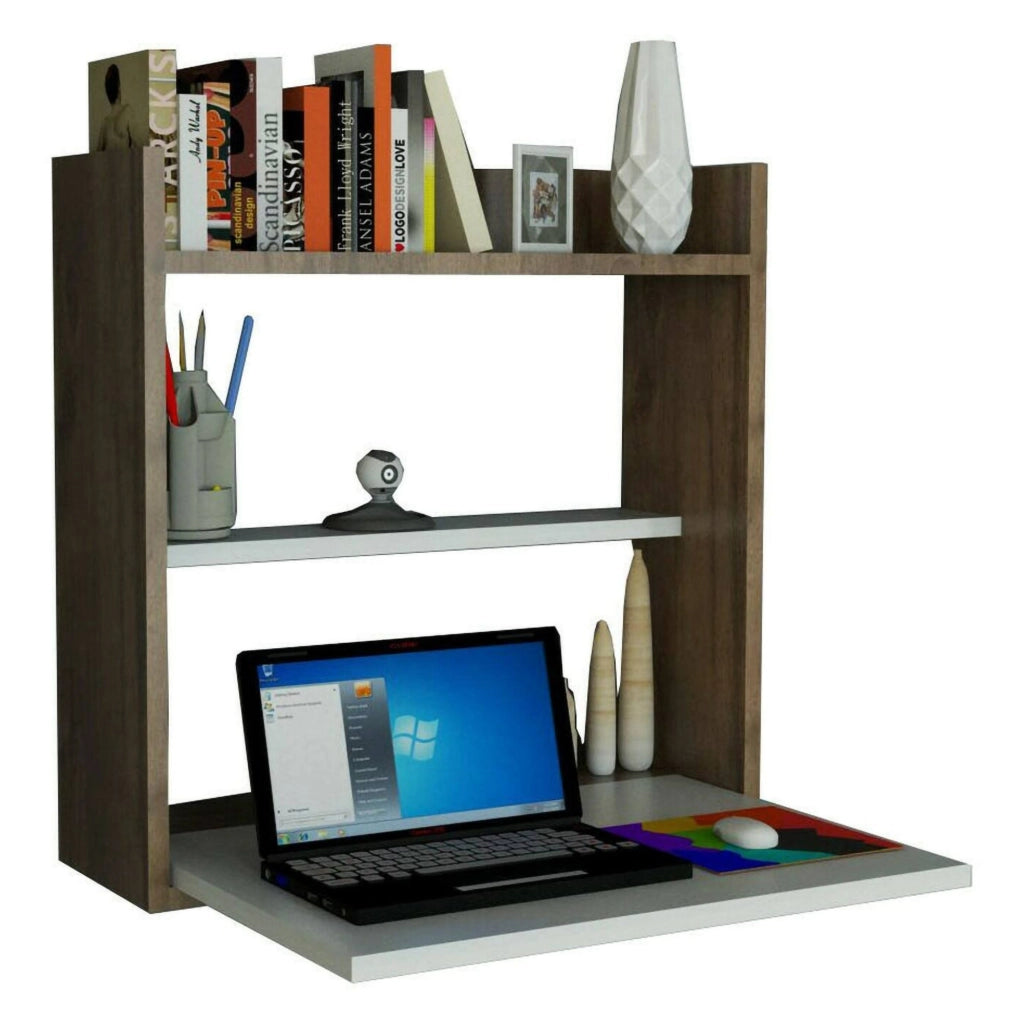Scrivania Bariano, Scrittoio multiuso, Tavolo per ufficio porta PC, Piano di lavoro, 60x20h60 cm, Bianco e Noce