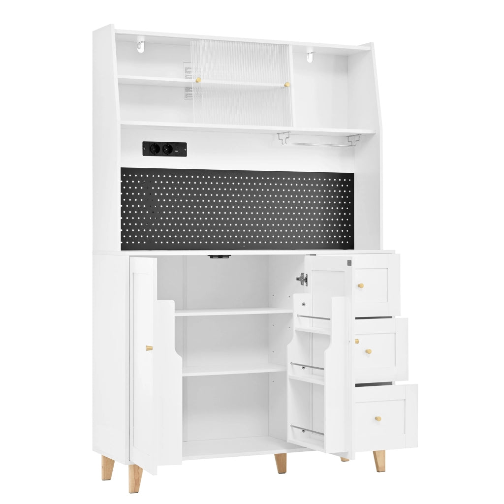 Credenza e madia con 3 cassetti, ripiani regolabili, portabicchieri, prese e pannello forato per cucina e sala da pranzo, bianco, 120 × 40 × 184 cm