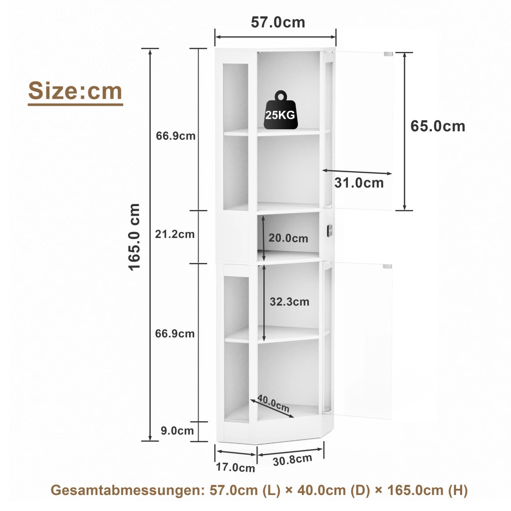 Vetrina con LED a 3 colori e sensore di movimento, per soggiorno e camera da letto, bianco, 57 × 40 × 165 cm
