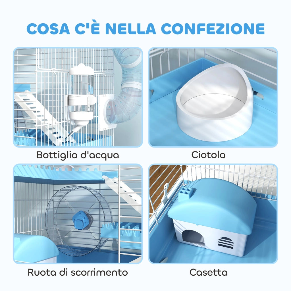 Gabbia per Criceti a 3 Piani 47,5x31,5x29,5H cm con Accessori Azzurro
