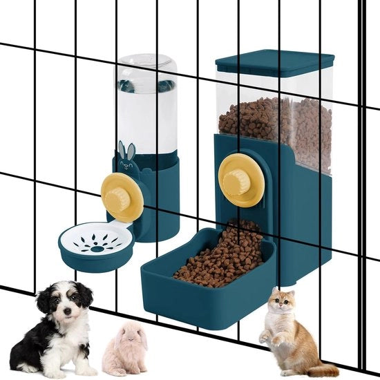 Set di 2 ciotole per animali domestici - Capacità ciotola cibo: 1600 ml - Capacità dispenser acqua: 520 ml - Adatto per conigli, topi, tartarughe, gatti e cani - Dispenser automatico cibo e acqua per gabbie - Blu scuro