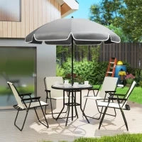 Set da Giardino 6 Pezzi in Acciaio con 4 Sedie Pieghevoli, Ombrellone e Tavolo Rotondo, Crema, Grigio e Nero