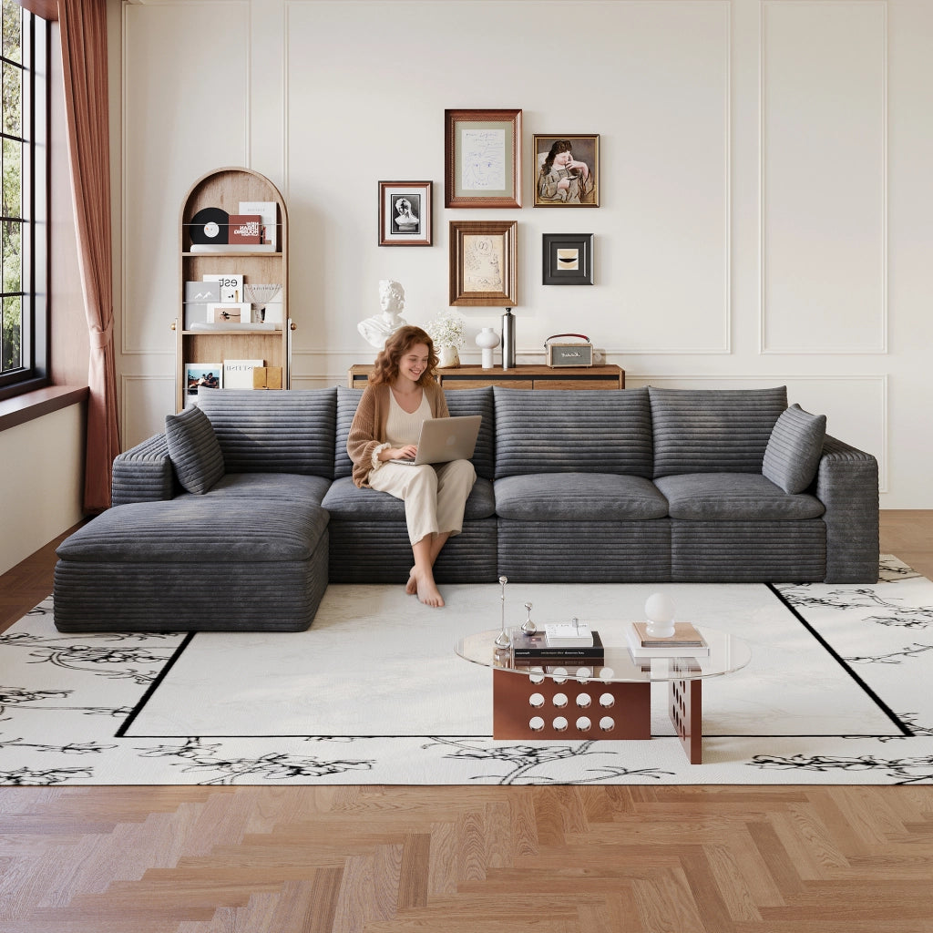 Divano 3 Posti in Velluto a Coste ¨C MINIMAL ¨C Grigio Scuro, 340cm, Imbottito, Cuscini