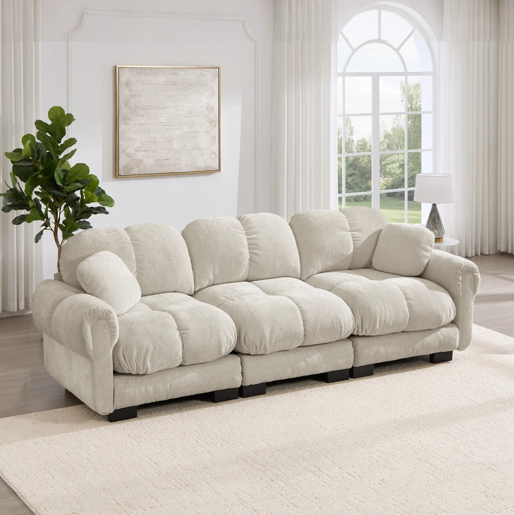 Divano modulare 3 posti 260x86x90 cm in ciniglia con cuscino mobile; kaki chiaro