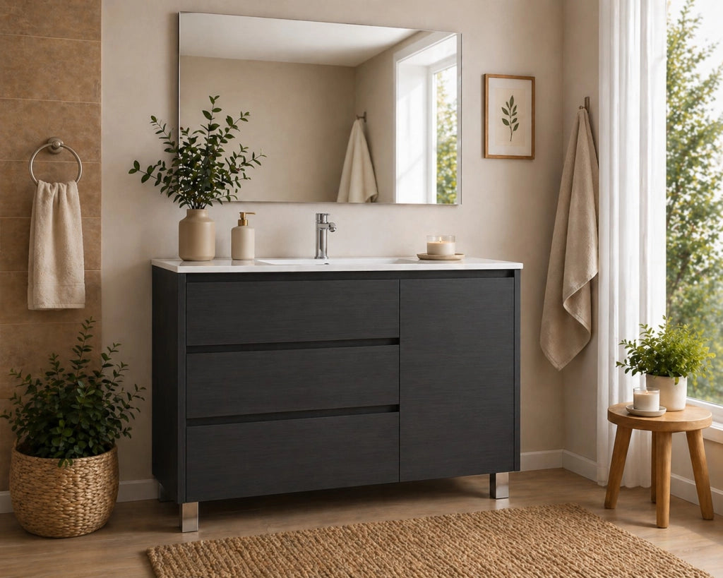Mobile Bagno VOLUM Già Montato 3 cassetti e porta, lavabo e specchio Grafite 90x45 cm