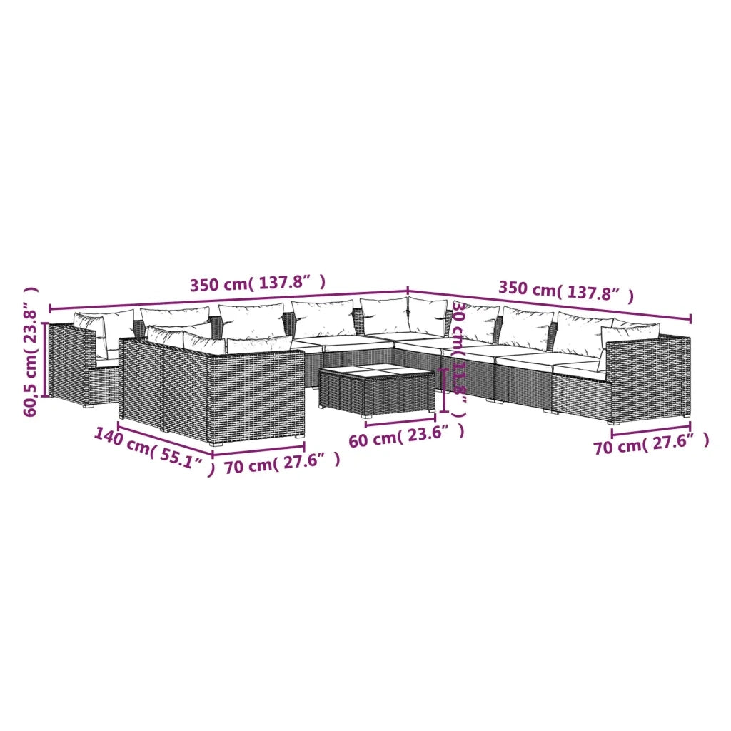 Set Divani da Giardino 12 pz con Cuscini in Polyrattan Grigio 3102541
