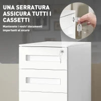 Schedario Portadocumenti in Acciaio a 5 Ruote con 2 Cassetti e Vassoio Portapenne, 30x43.5x60 cm, Bianco
