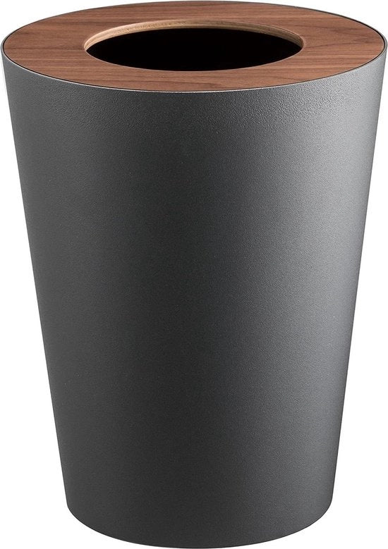 Contenitore di rifiuti rotondo 7 litri nero acciaio-legno design minimalista 23 x 23 x 28 cm (l x b x h)
