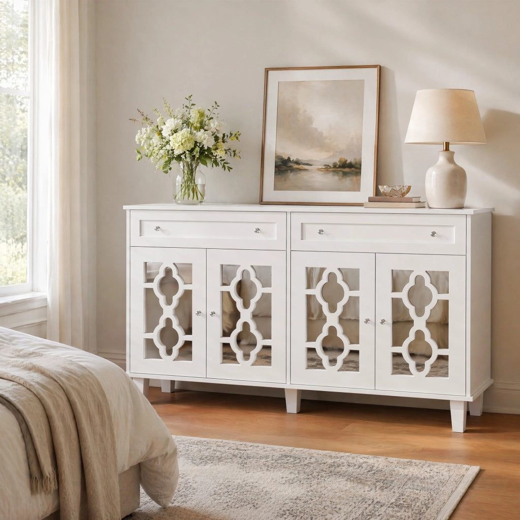 Credenza con quattro ante a specchio e due cassetti 140x40x83 cm bianca