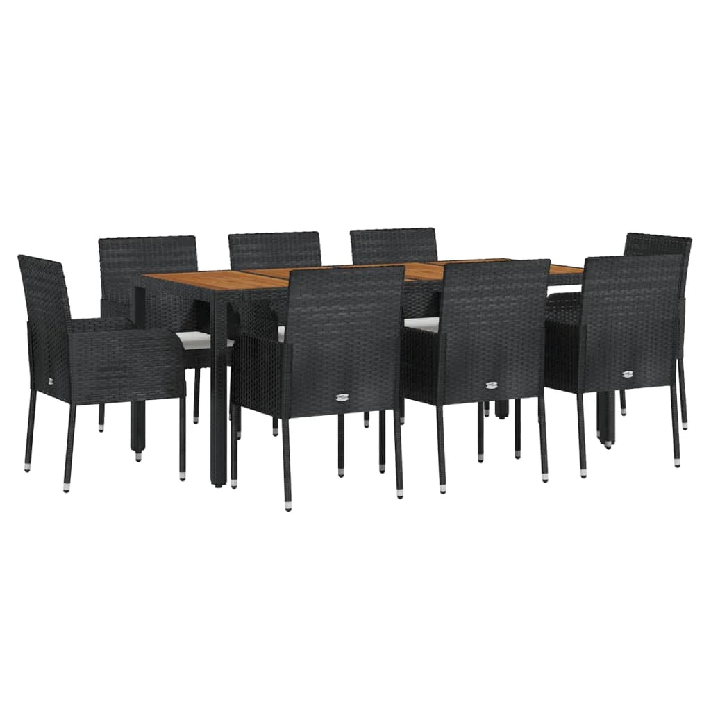 Set da pranzo da giardino da 9 pezzi e cuscini resina intrecciata nera 02_0014832