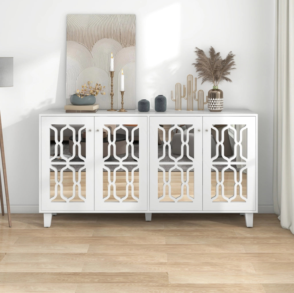 Credenza 160x40x84 cm con 4 ante; superficie specchiata; MDF bianco