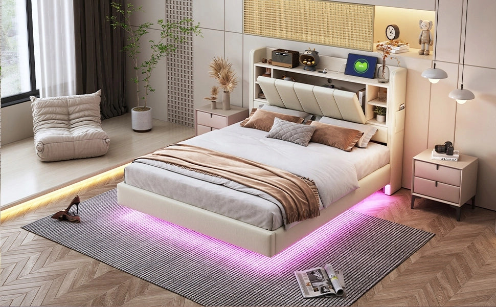 Letto imbottito 140x200 - Xylo - Beige con USB e illuminazione