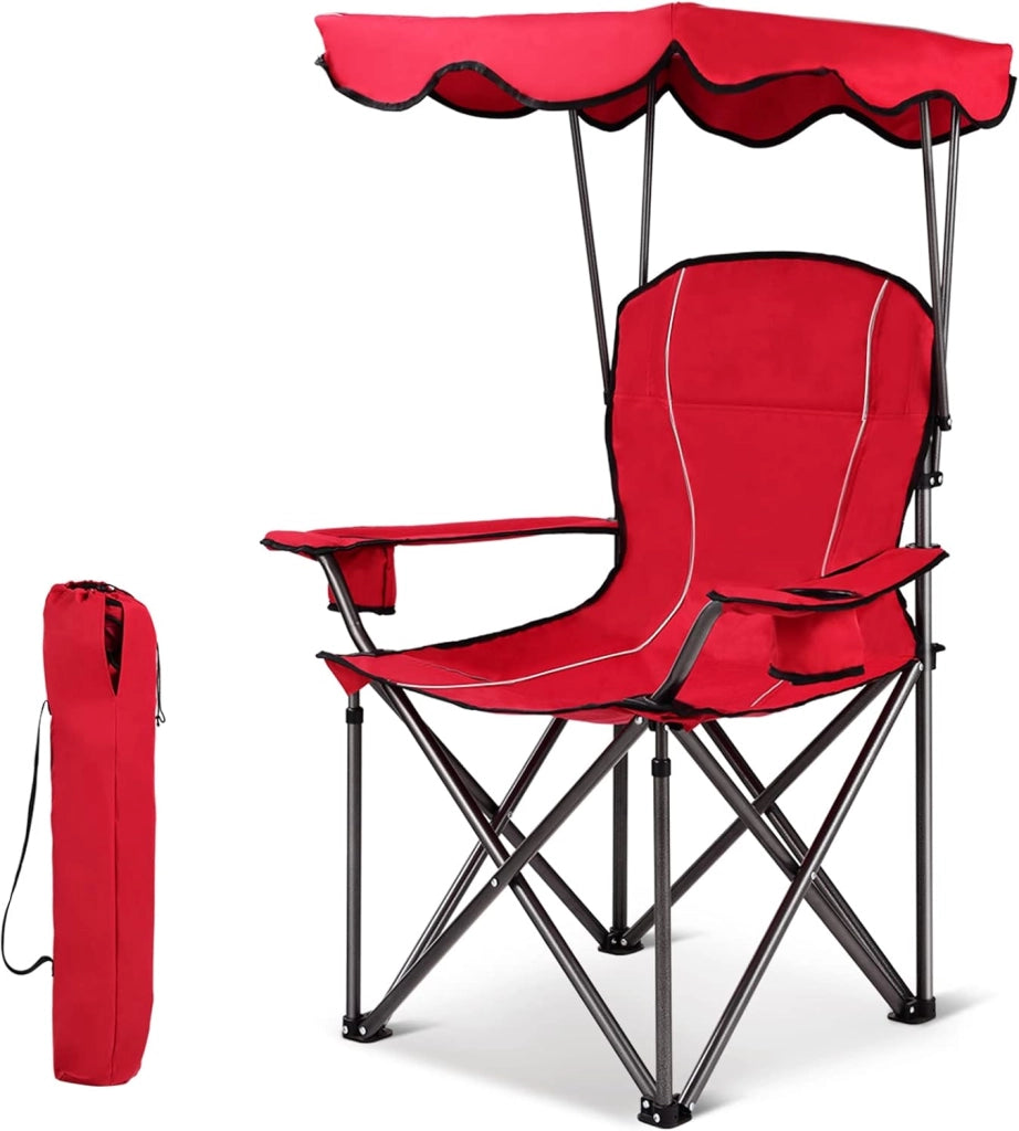 Sedia Pieghevole da Campeggio Leggera con Tetto, 2 Portabicchieri e Borsa per il Trasporto, per Patio, Spiaggia, Campeggio, 91x67x137cm, 2 Colori (Rosso)