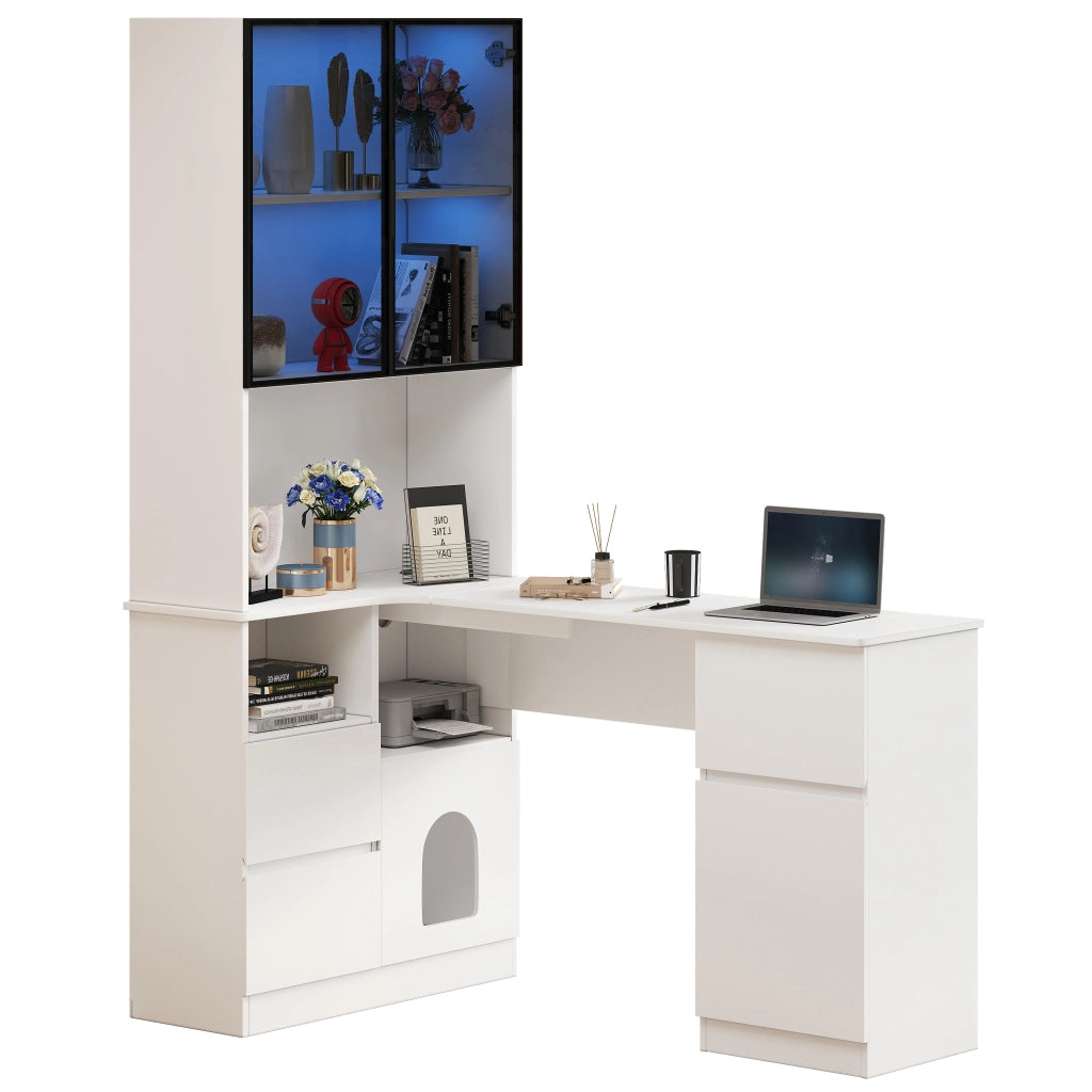 SCRIVANIA ANGOLARE 120x80x180 cm Bianca in MDF con scaffale, vetrina LED e 3 cassetti