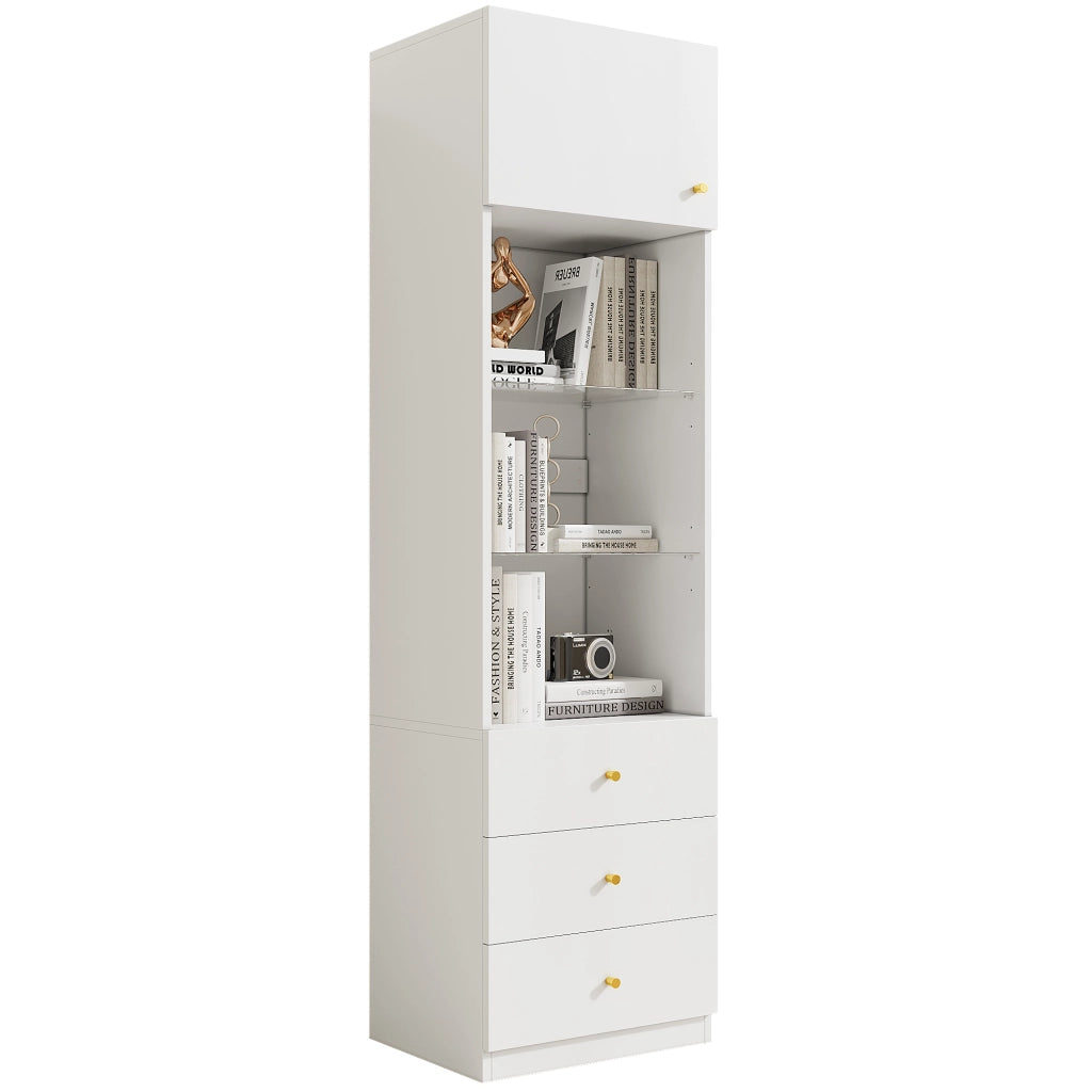 Vetrina alta con ripiani in vetro regolabili, 3 cassetti, struttura bianca 50×40×180 cm