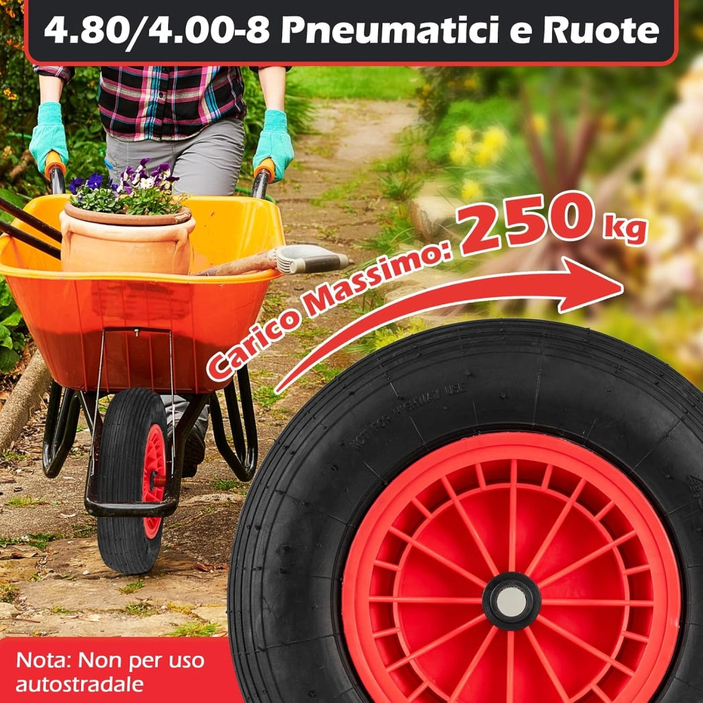 4,80/4,00-8 Ruota Pneumatica per Carriola, 40 cm Ruota in Gomma Antiforatura con Cerchione in PP, Cuscinetto da 2 cm, 250 kg, per Carrello, Rimorchio da Giardino (2 Pezzi)