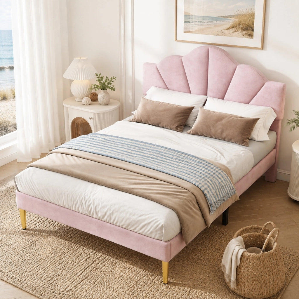Letto matrimoniale imbottito 140x190 cm in velluto rosa con testiera regolabile e rete a doghe